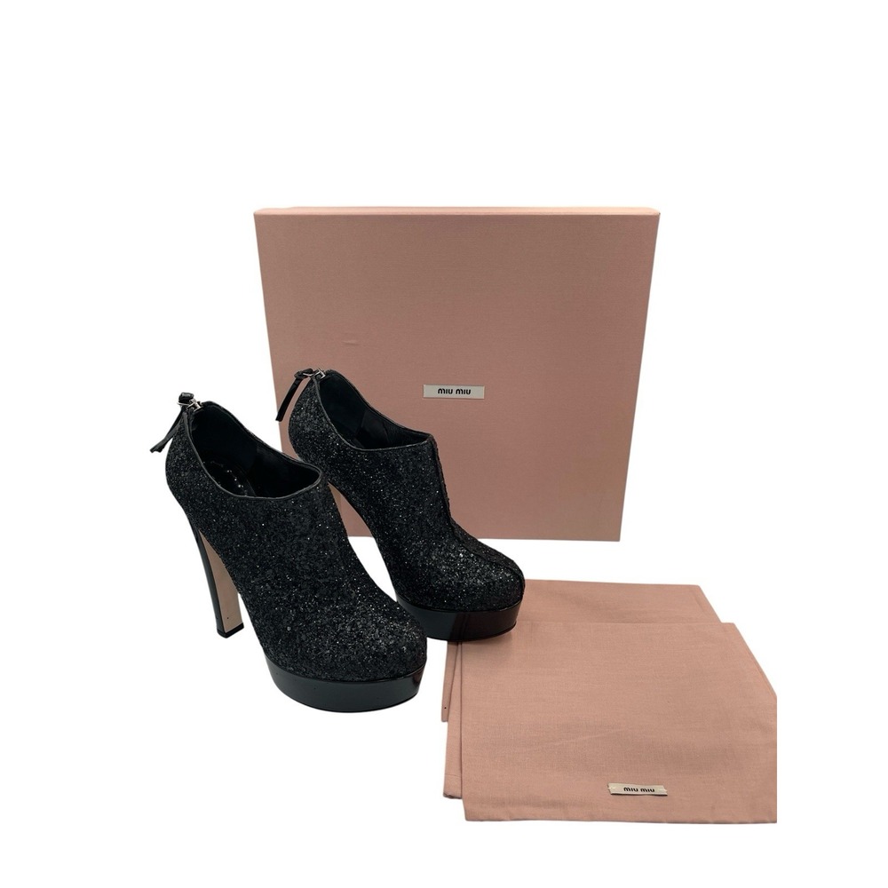 Miu Miu Black Glitter Platform Booties Pumps High Heels EU 38 US 8